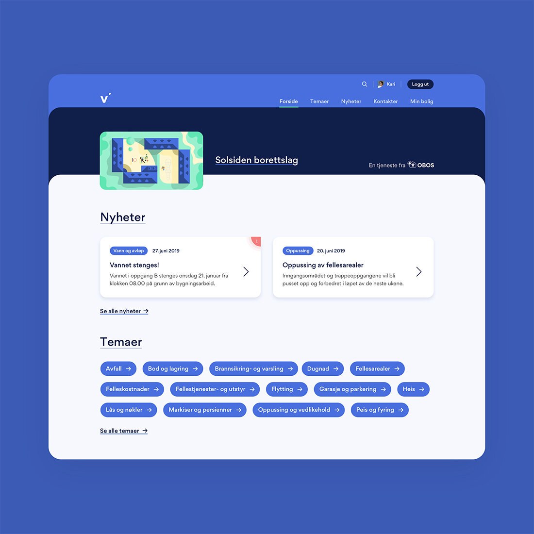 En skjermdump av portalens forside som gir en oversikt for Solsiden borettslag. En seksjon viser nyheter, mens seksjonen under viser knapper for ulike tema, som "avfall" og "heis", og navigasjon videre.