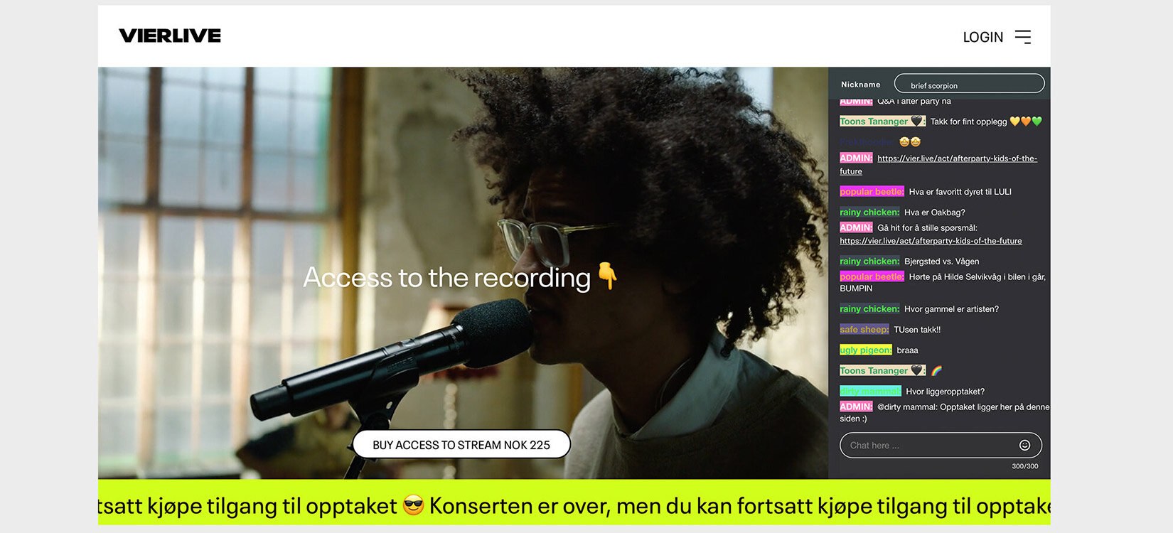 Et skjermutsnitt av en nettside med mulighet til å kjøpe tilgang til en strømmet konsert. I høyre del av skjermen er et chattevindu.