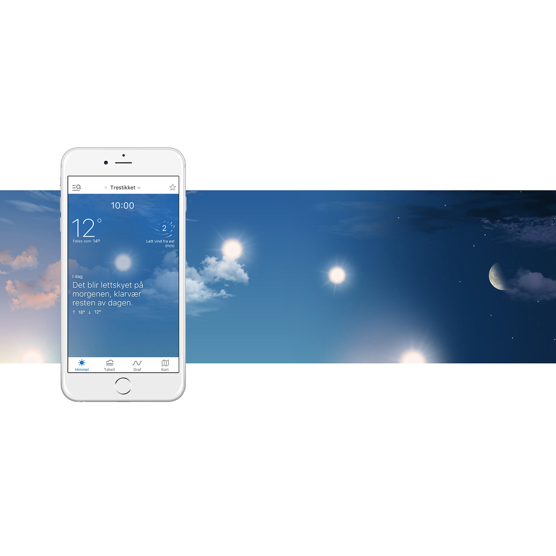 En illustrasjon som viser hvordan Yr-appens sanntidsvarsel endrer uttrykk i takt med de ulike tidene på døgnet.