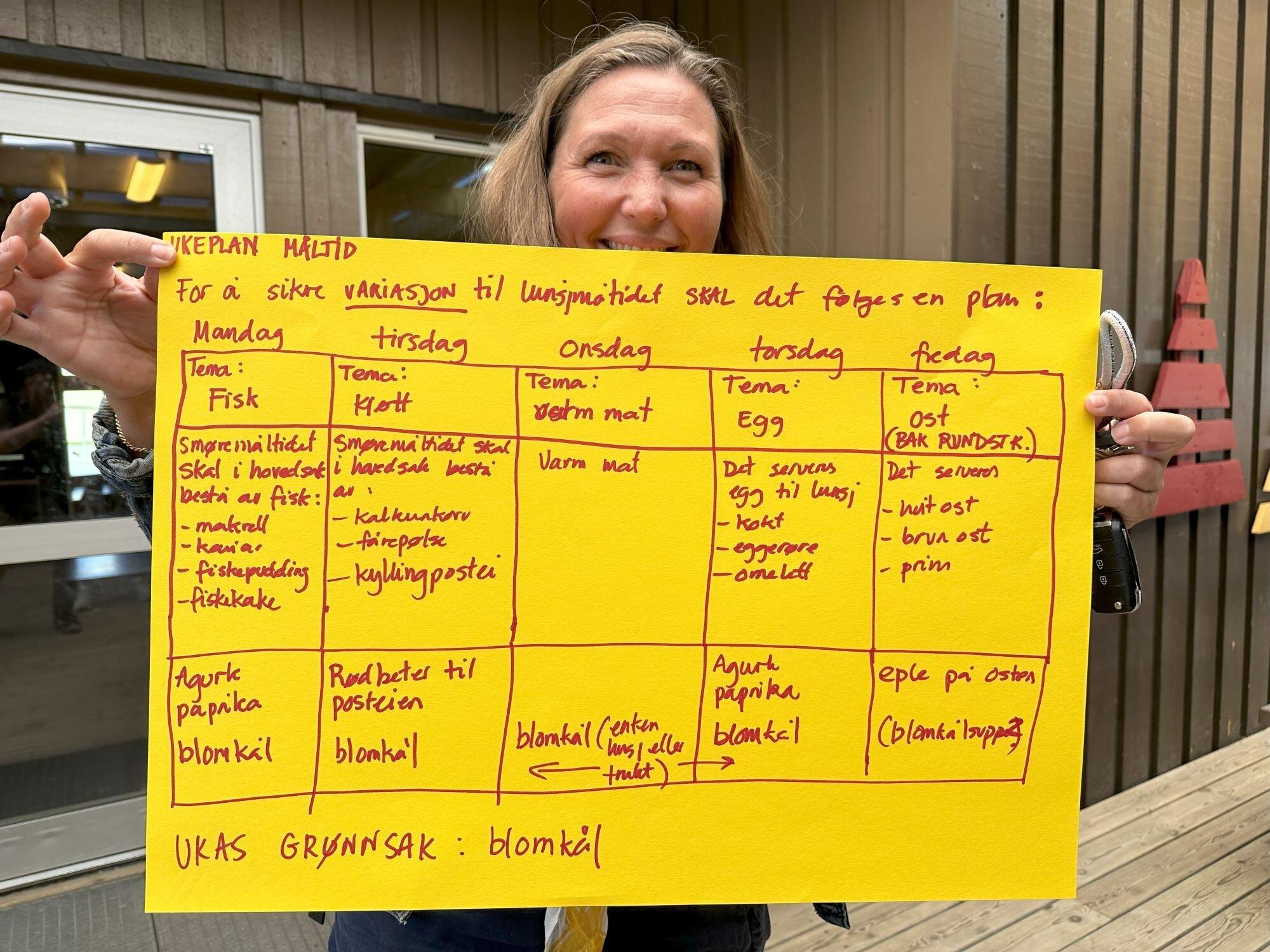 En kvinne holder en stor gul plakat med en håndskrevet ukeplan over måltider.