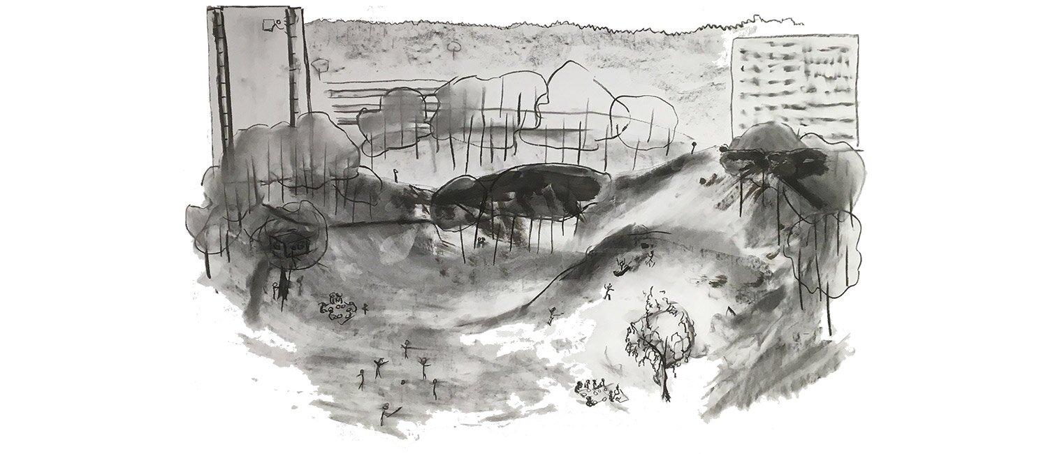 En sort/hvitt håndskisse av et kupert parkområde mellom blokkbebyggelse – sett fra avstand. Strekmennesker spiller fotball og er samlet rundt pikniktepper.