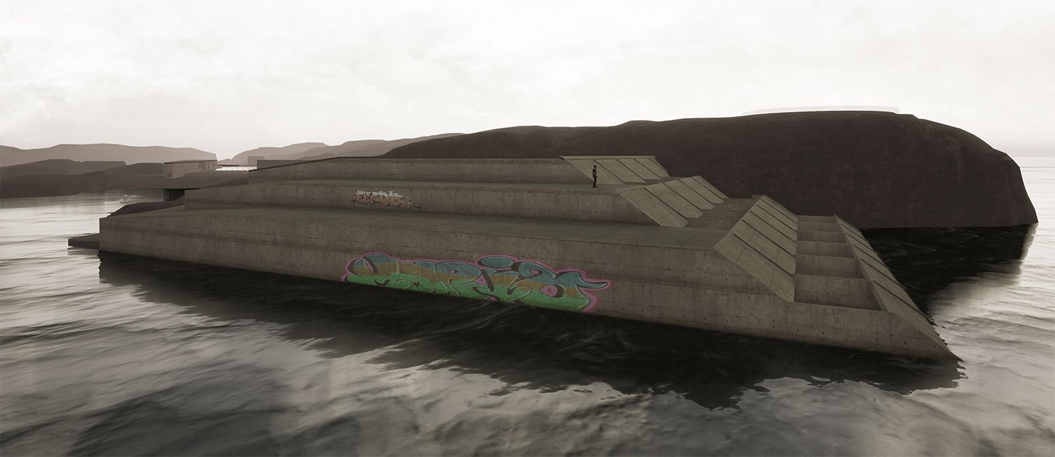 En realistisk render av en grå betongkonstruksjon med grafitti som ligger nedsenket i havet i kant med land.
