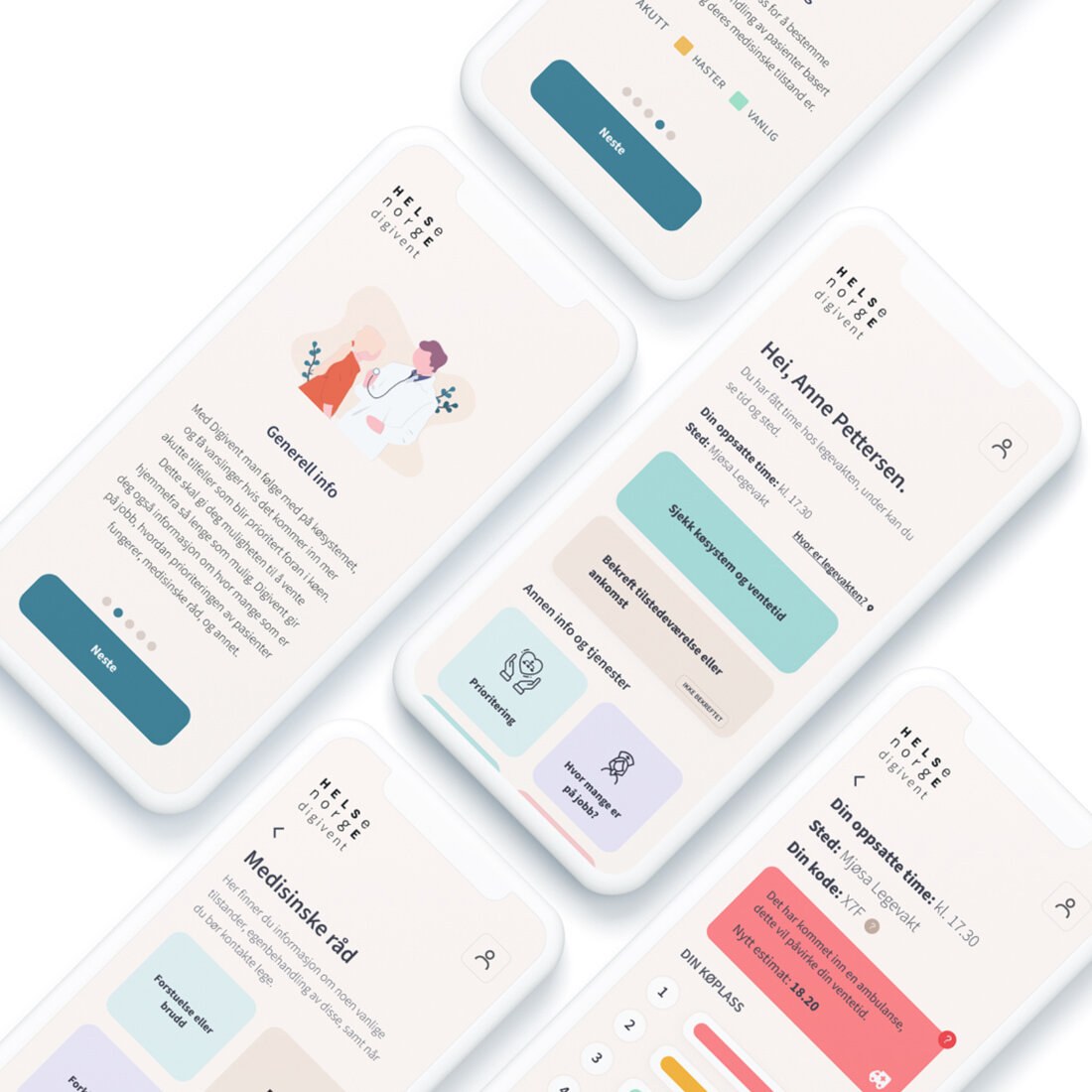 Mobilskjermer som viser Digivent med ventetid, køstatus og informasjon til pasienter på legevakt.