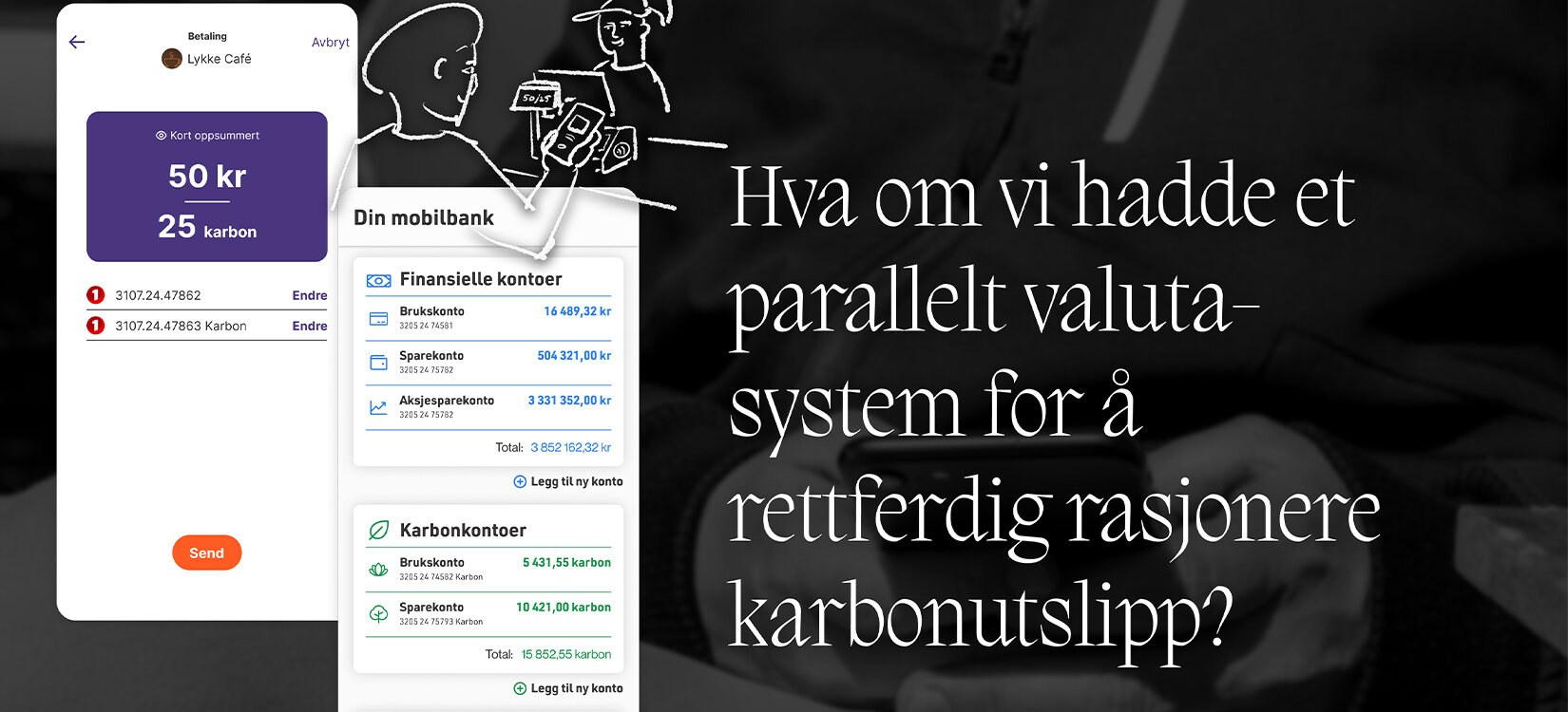 Konseptillustrasjon av mobilbank med karbonkonto og tekst: “Hva om vi hadde et parallelt valutasystem for å rettferdig rasjonere karbonutslipp?".
