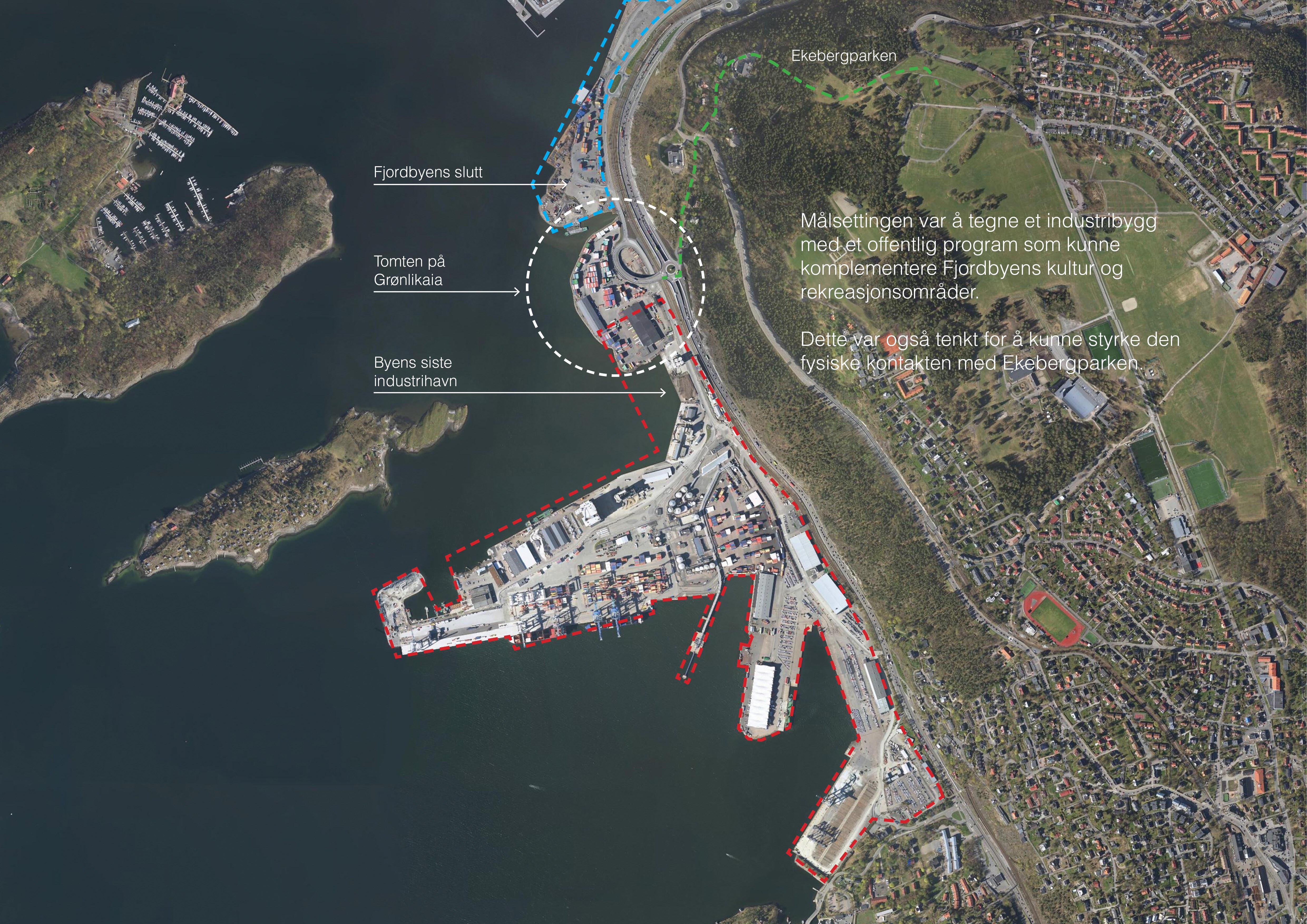 Flyfoto over Grønlikaia, med et utringet område som indikerer den tiltenkte tomten.