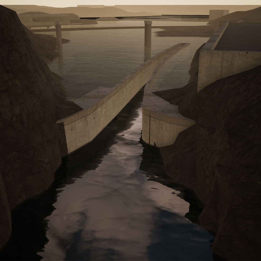 En realistisk render av en støpt kanal i en smal bukt.