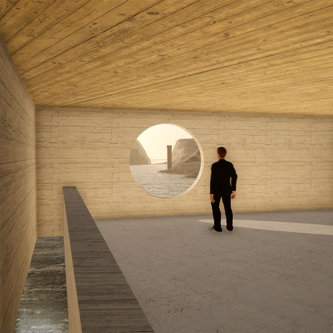 En realistisk illustrasjon av en mann som står i et åpent rom med betong i vegger og gulv, og ser ut gjennom en sirkulær åpning og ut på kystlandskapet utenfor.