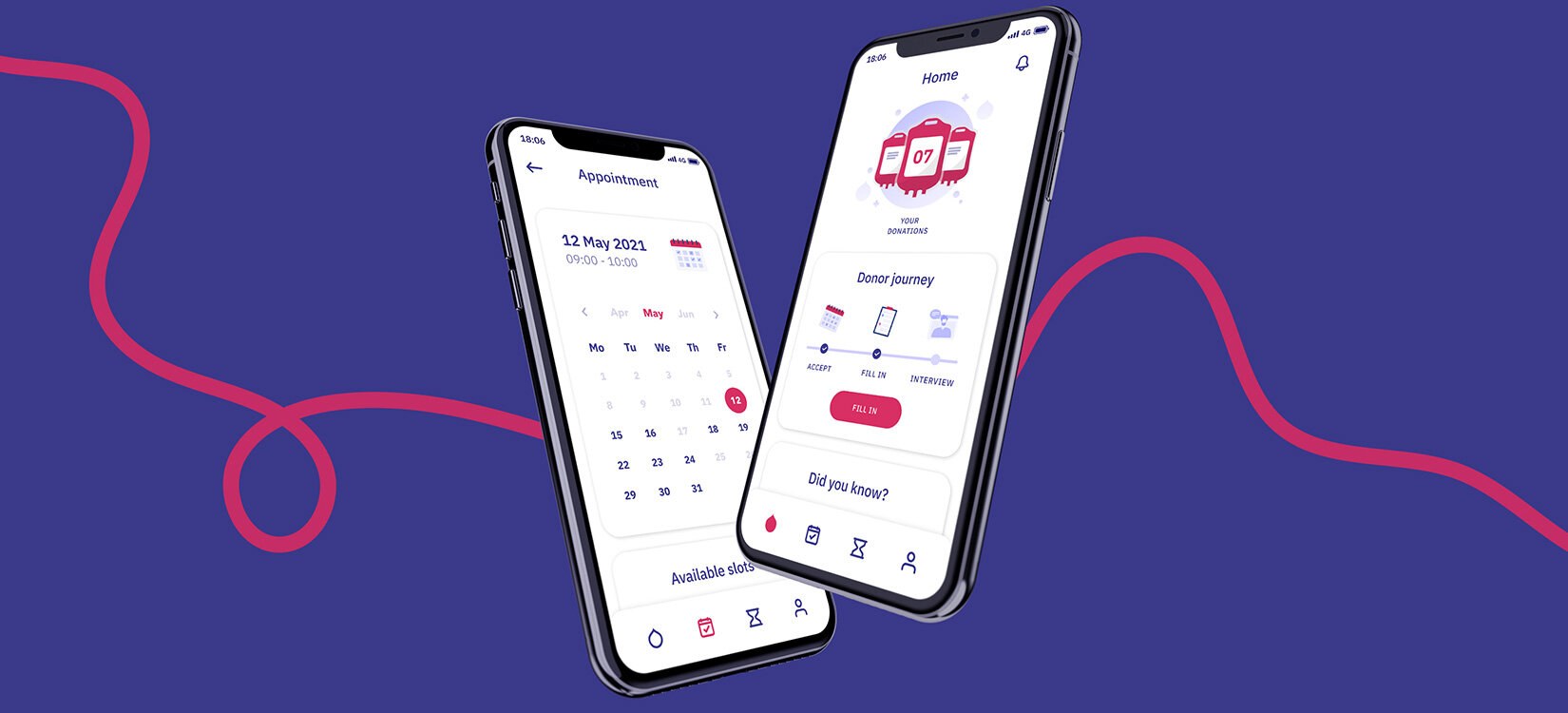 Illustrasjon av to mobiler med en app åpen, på blå bakgrunn med en rose tråd som snirkler seg på tvers.