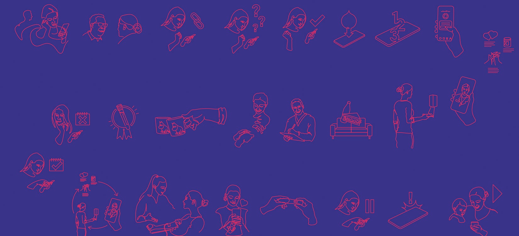 Røde strekillustrasjoner på blå bakgrunn. Demonstrasjon av illustrasjonsstil i tjenesten.