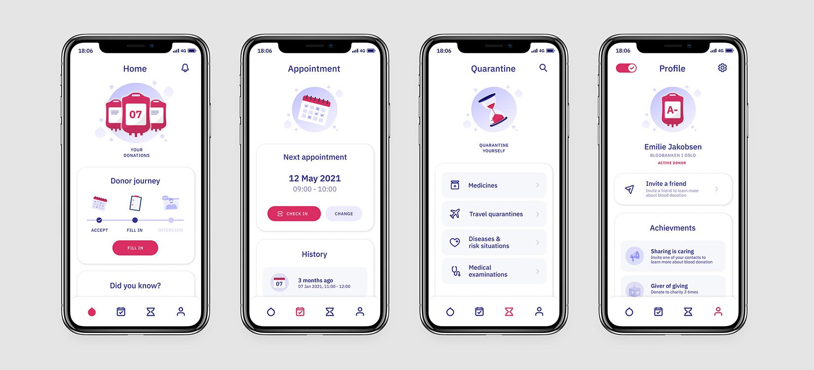 Montasje av fire mobilskjermer som viser grensesnitt i en app: timeoversikt, profilside og mer.