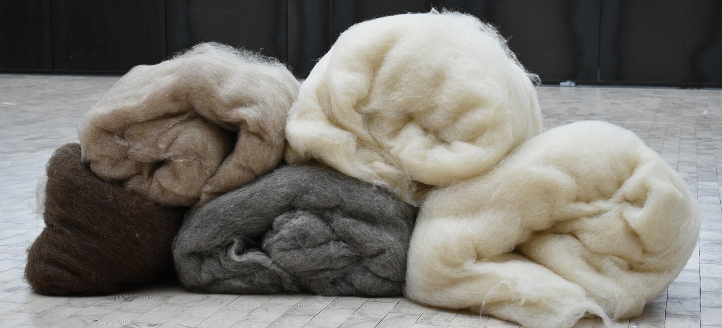 Ruller av ubehandlet ull i nyanser av hvitt, grått og beige.