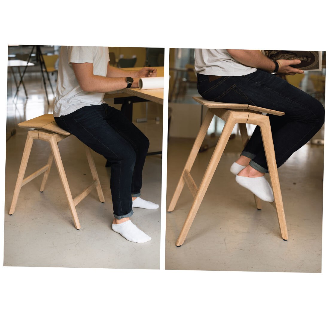 Kollasj av to bilder som viser en aktiv og en hvilende sittestilling som Knekk inviterer til.