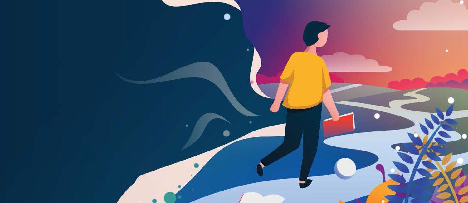En fargerik illustrasjon av en ung kvinne som går langs en bølgete vei i et fantasilandskap.