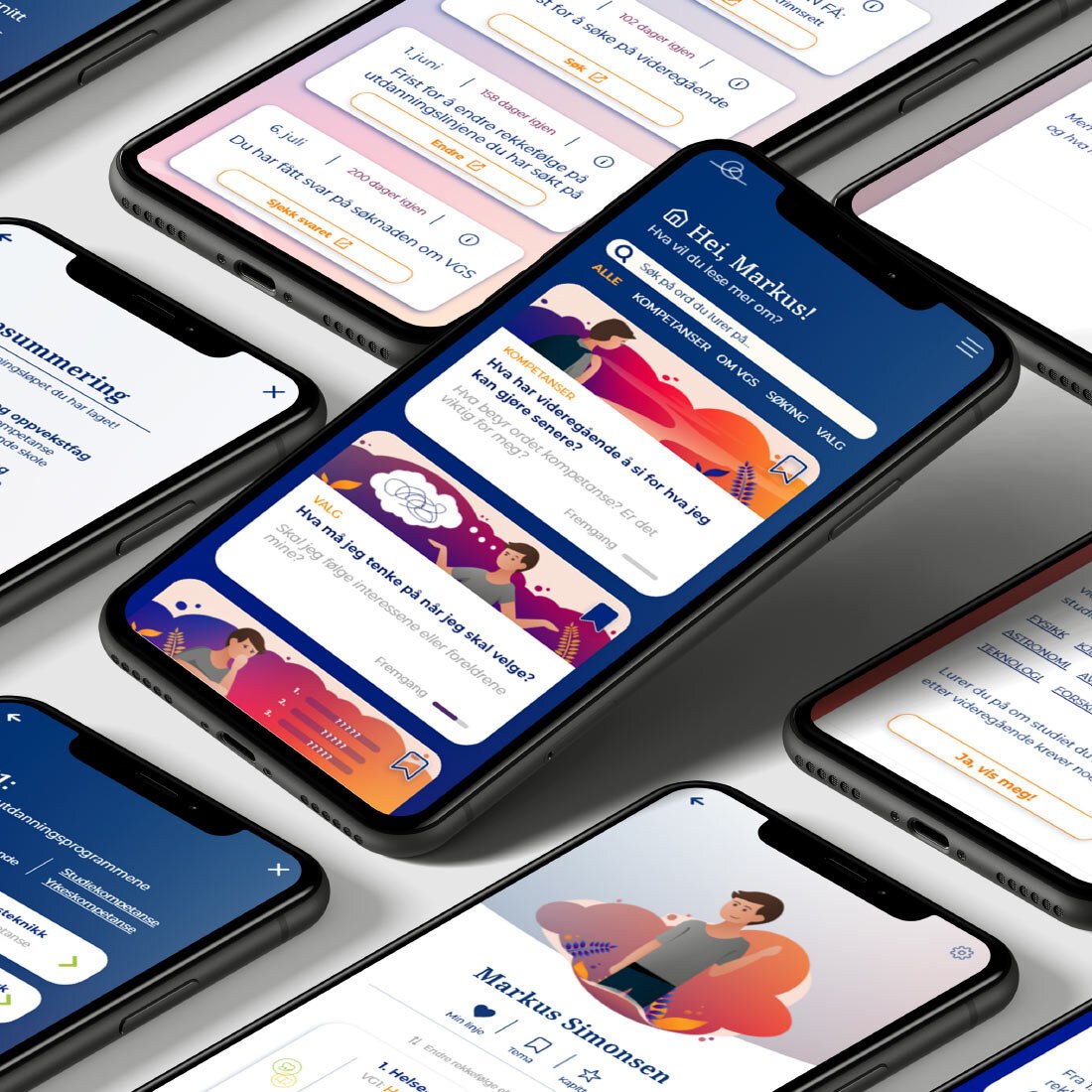 En mock-up av flere smarttelefoner på et bord, med skjermbilder fra Linje. Den sentrale skjermen viser en landingsside med oversikt over innhold.