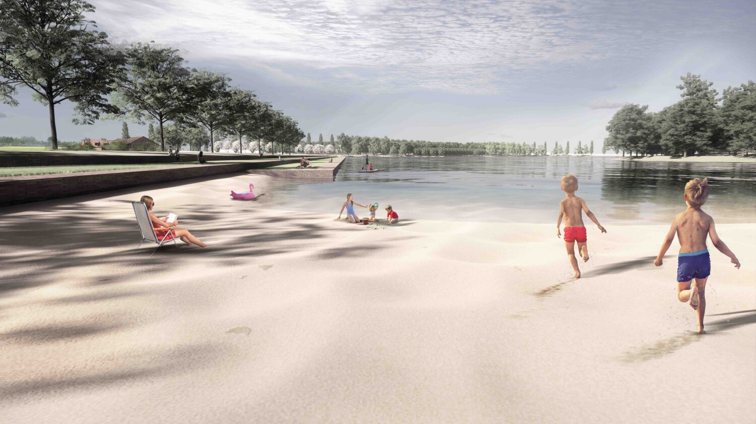 En realistisk render av en sandstrand med barn som leker og løper i sanden.