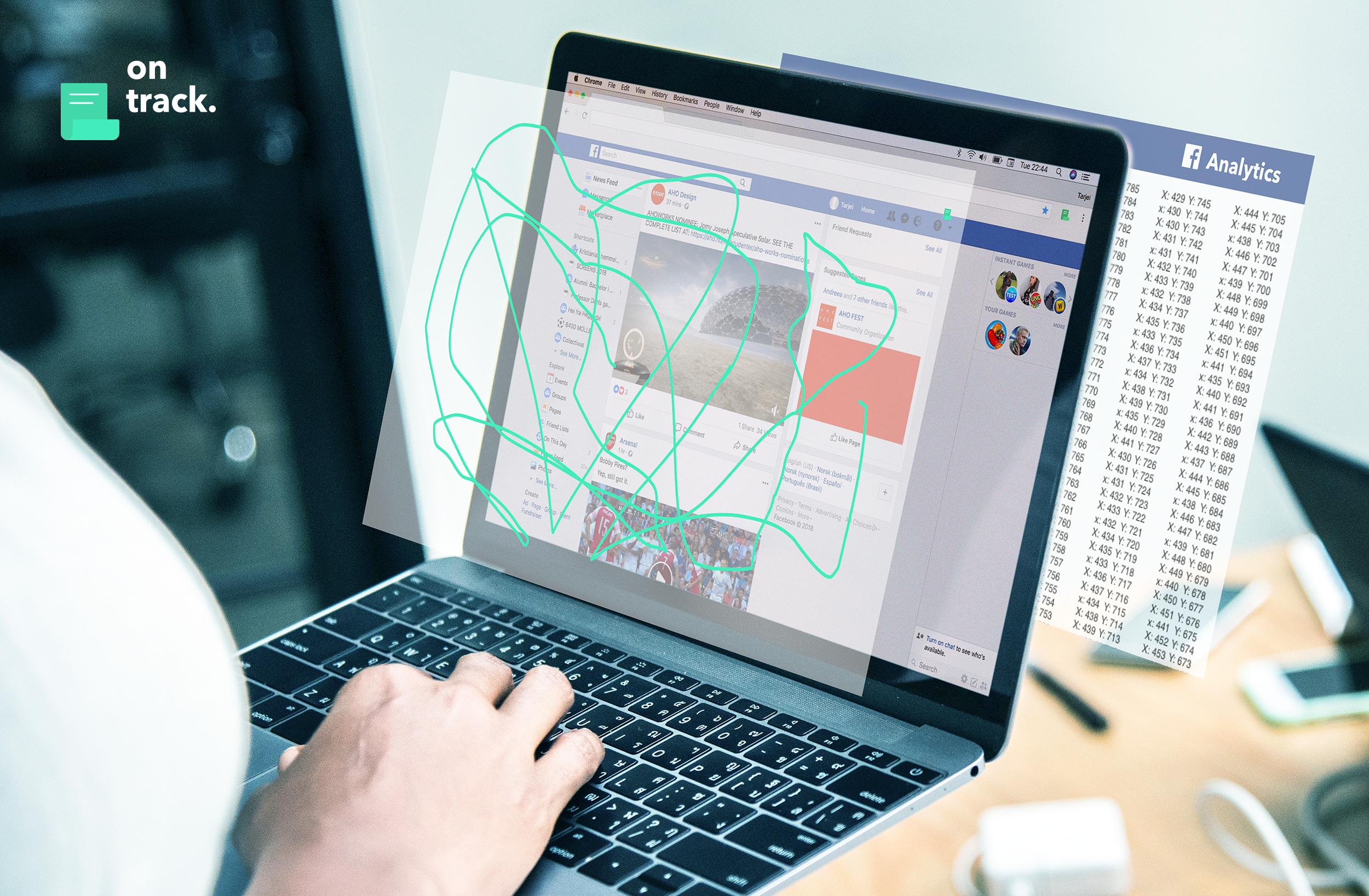 Et bilde av en persons hender på en laptop. På skjermen ses forsiden til Facebook. Over bildet er det en grønn krusedull, og bak skjermen en detaljerik logg som skal indikere persondata som innhentes.
