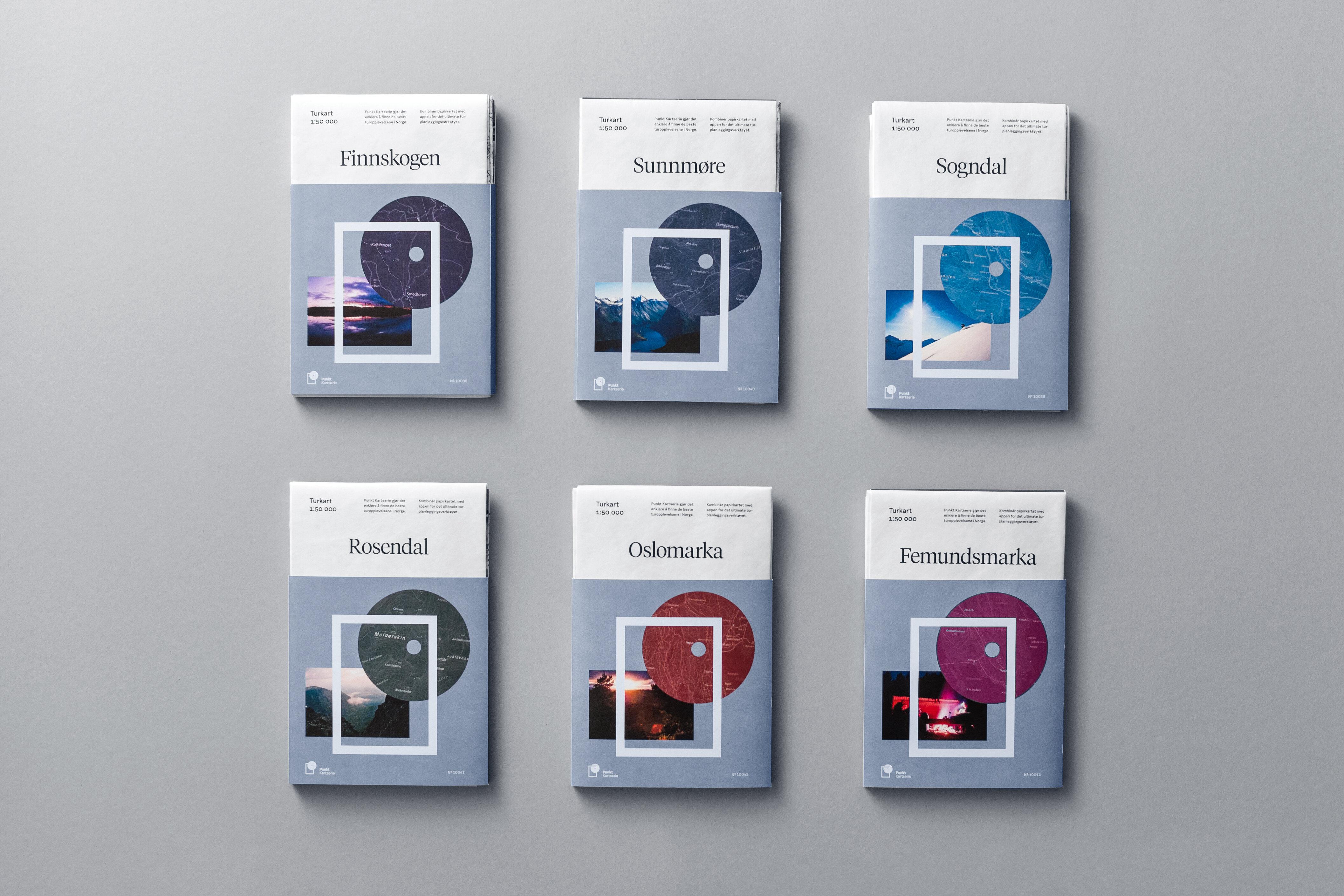 Bildet viser en kartserie av seks kart over ulike områder i Norge: Finnskogen, Sunnmøre, Sogndal, Rosendal, Oslomarka og Femundsmarka.