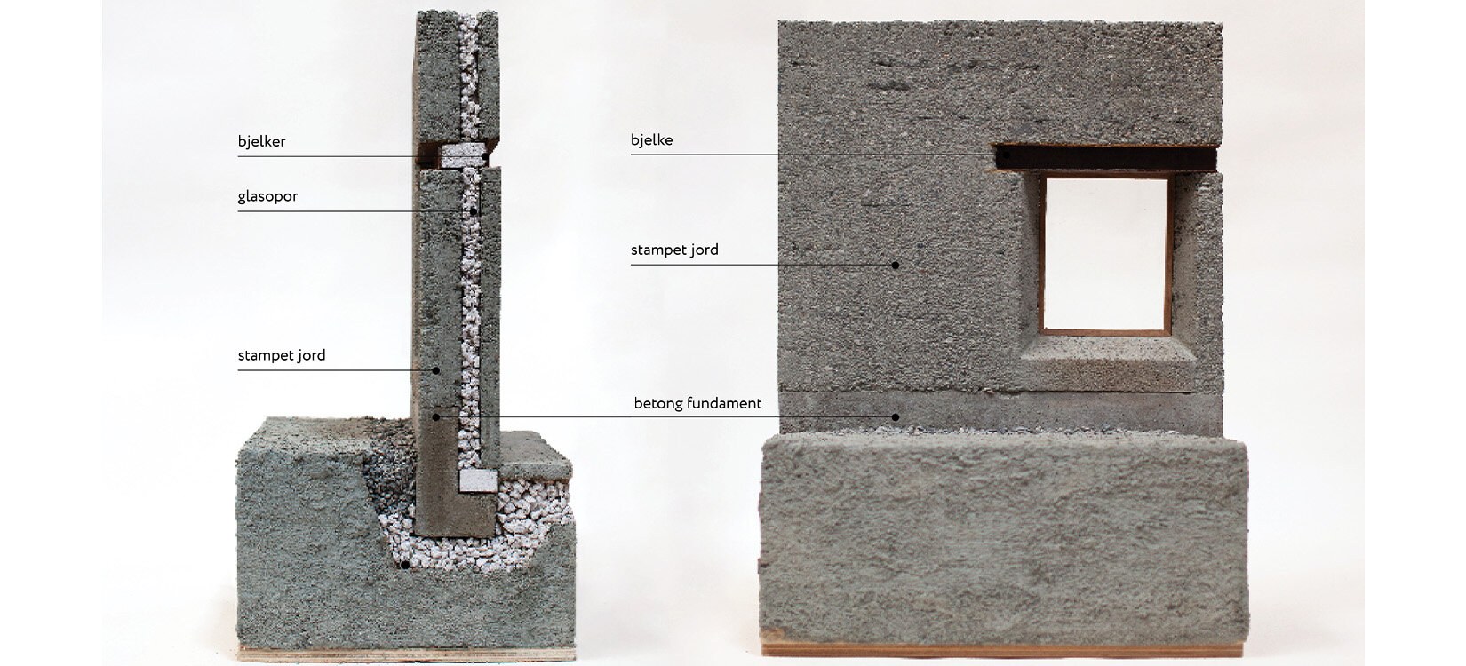 Modell av en husvegg av stampet jord.