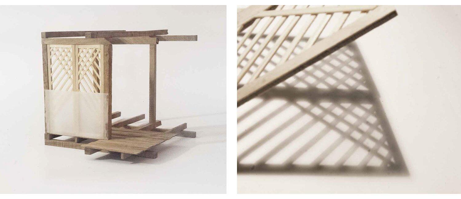 Montasje av to bilder. Det ene viser en modell av en trestruktur med platting og en vegg med sprosser og et filter som skjermer for innsyn. Det andre viser detaljer i sprossene og skyggen de gir.