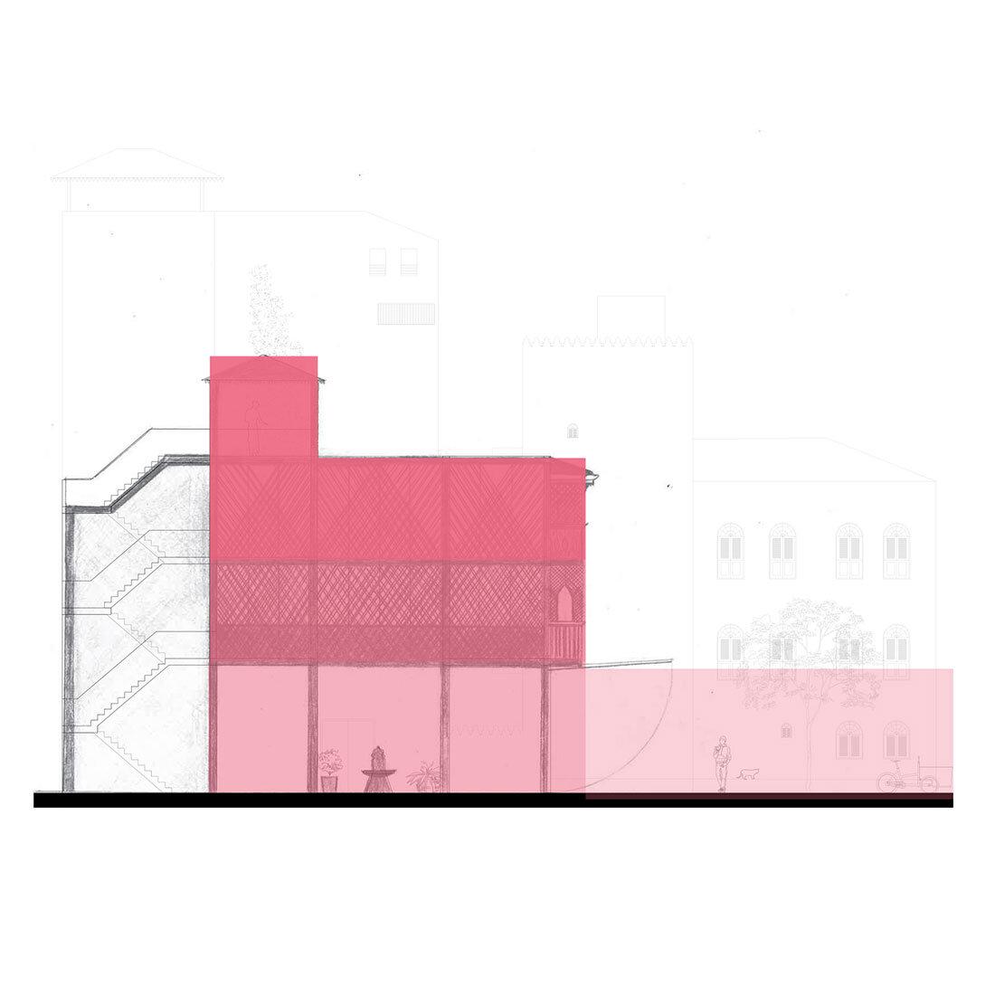 En arkitekttegning av et bygg over flere etasjer hvor hver etasje er overlappet av rosa felt i ulik gjennomsiktighet. De skal indikere ulike grader av privatliv i de ulike etasjene.