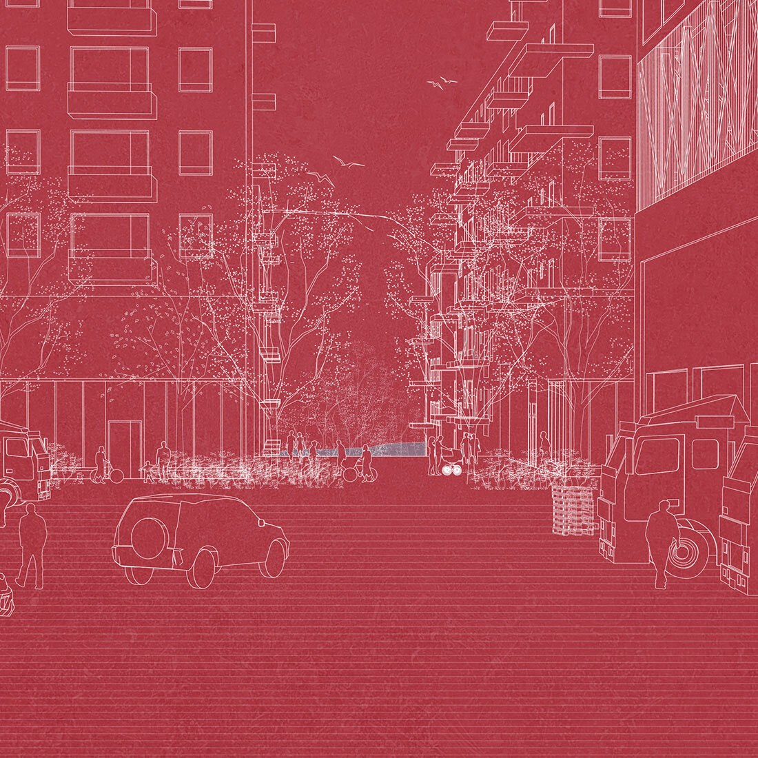 En strekillustrasjon med hvit strek på rød bakgrunn, viser et gatetun med høyblokker, beplantning, gående, personbil og lastebil i en lastesone.