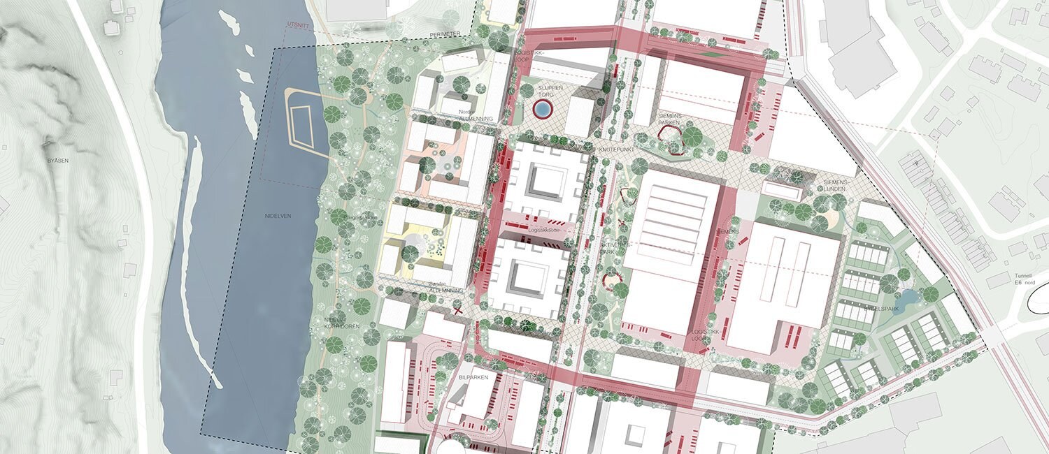 En illustrasjon av et byrområde fra rugleperspektiv. Røde skraveringer markerer en vei rundt sentrum av bebyggelsen.