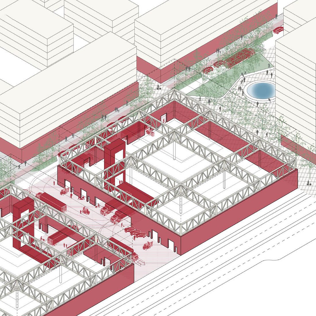 En teknisk arkitekttegning av et kvartalsområde med en sone for av- og pålessing for lastebiler og en sone for rekreasjon på hver side av et produksjonsbygg.