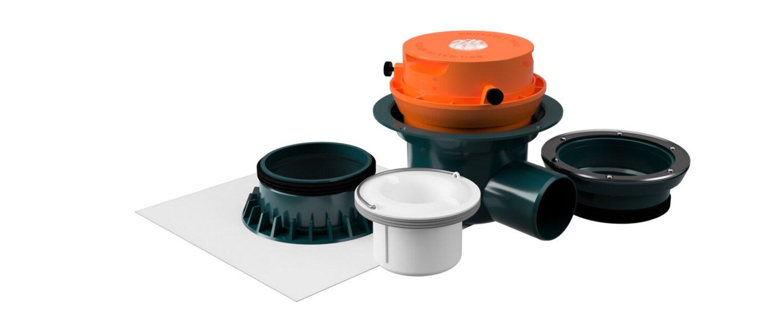 Produktbilde som viser ulike komponenter i et sluk.