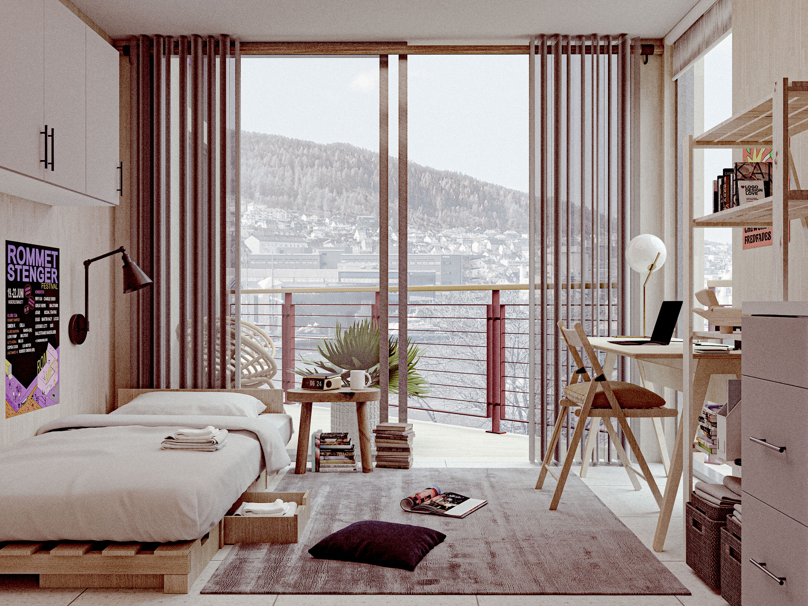 Rendering av en hyggelig møblert hybel med store vinduer med utsikt.