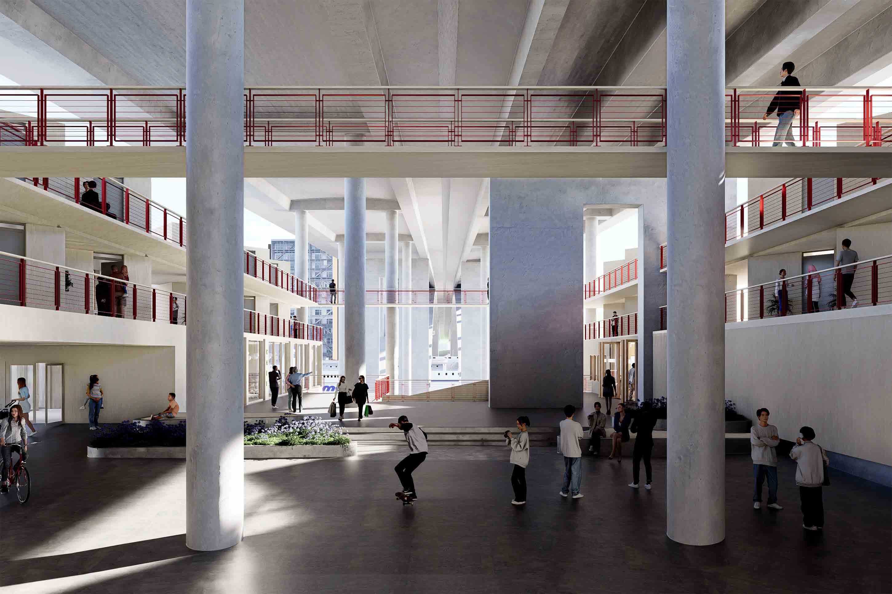 Illustrasjon av unge mennesker i aktivitet i et stort atrium.