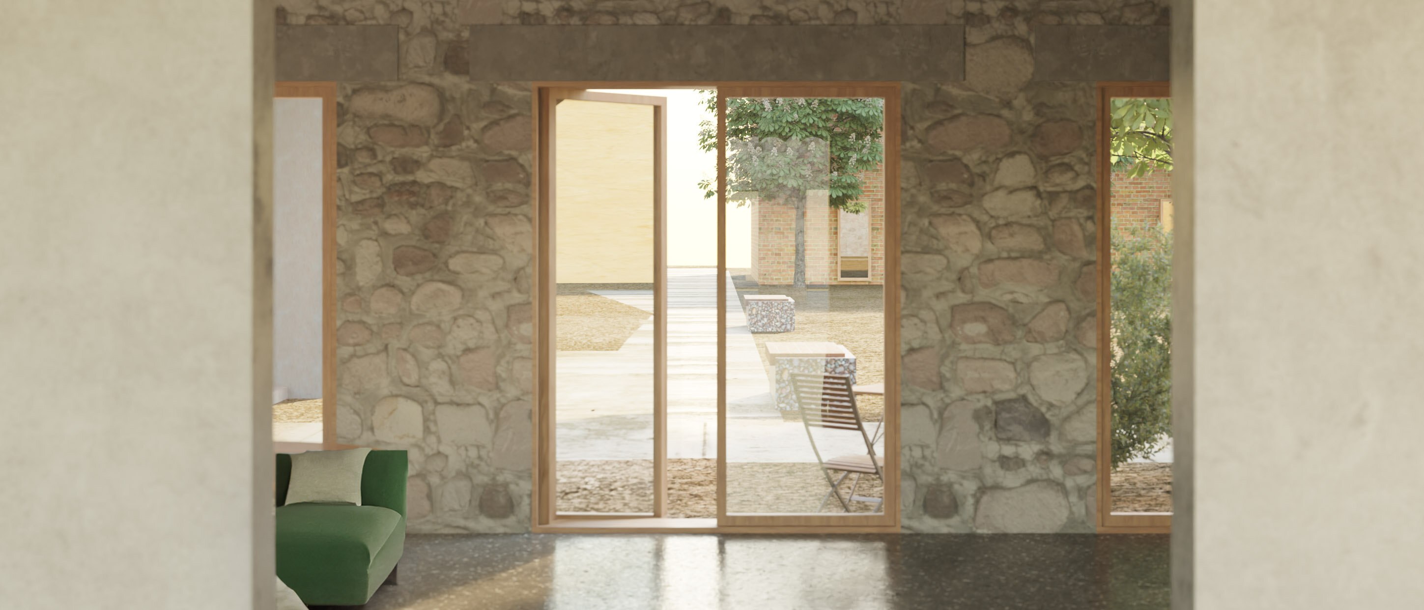 Modell av et moderne hus med vegger av naturstein.