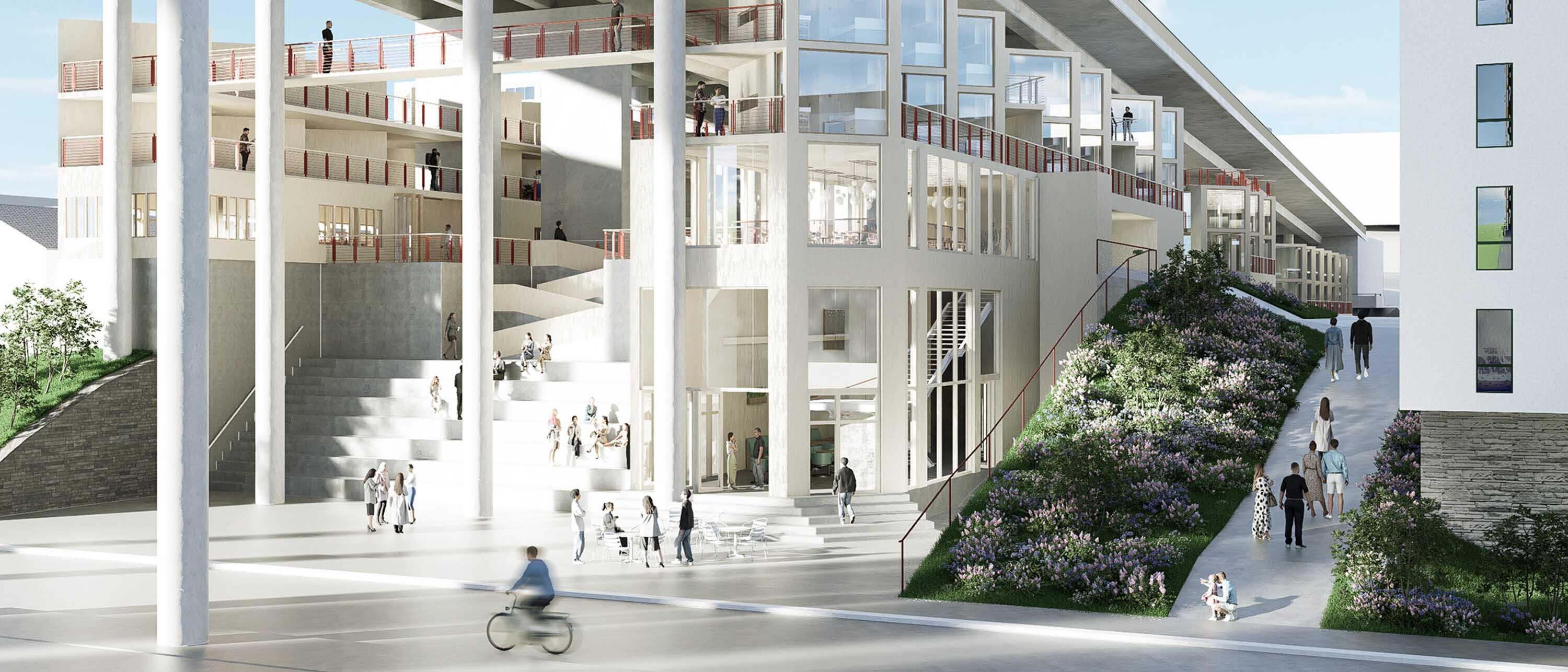 Modell av boligprosjekt under en motorveibro.