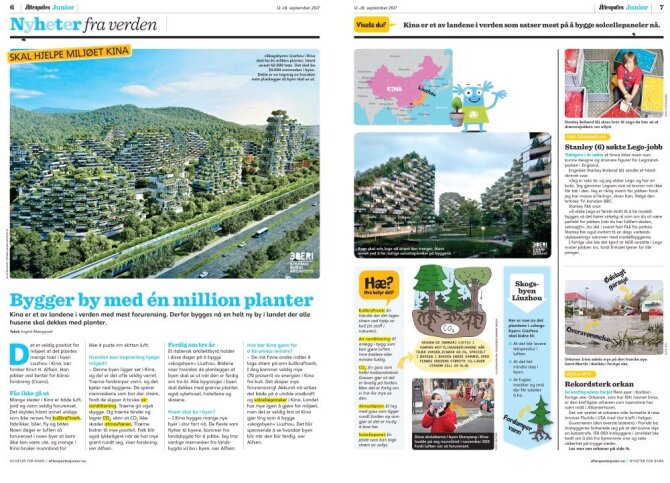 En dobbelside fra avisen viser en artikkel med overskriften "Bygger by med én million planter". Hovedbildet for artikkelen viser et stort utbyggingsprosjekt fra fugleperspektiv på avstand hvor store bygningsvolumer ser ut til å være dekket av grønn beplantning.