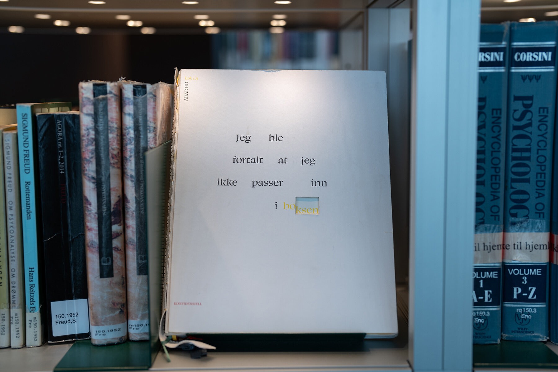Bok stående i bokhylle, forsiden ut.