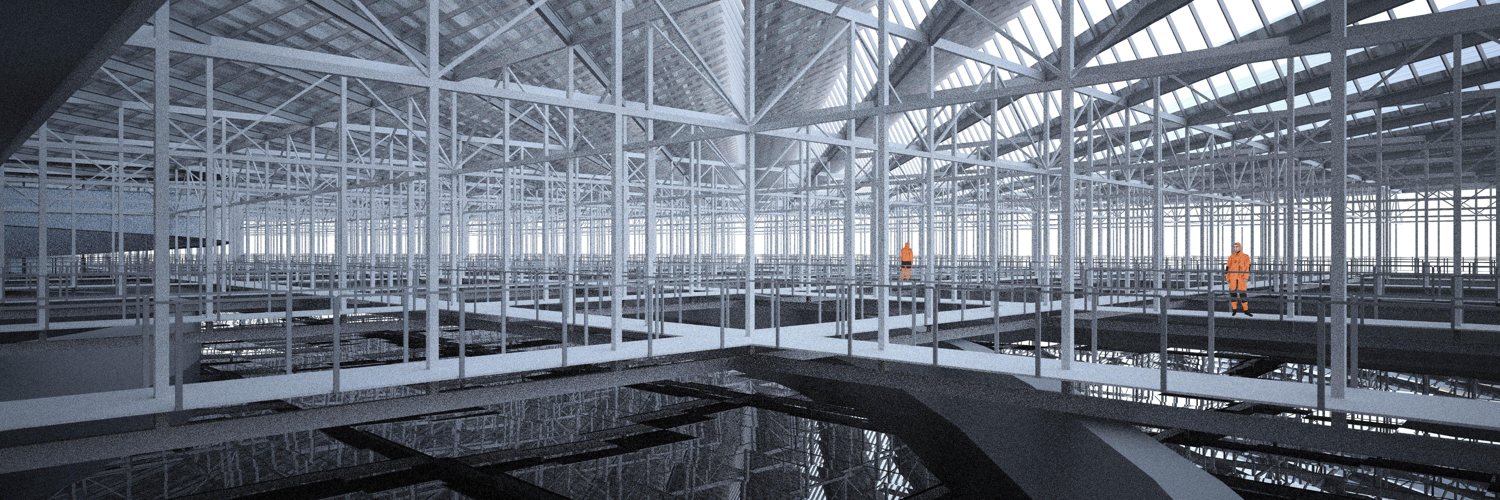 En realistisk illustrasjon av innsiden av et oppdrattsanlegg under tak. Det er en stor hall med basseng og gangbroer i kryss og tvers. To oransje-kledde arbeidere stå i anlegget.
