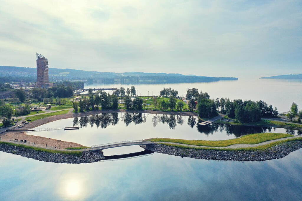 Mjosparken bystranda dronefoto.