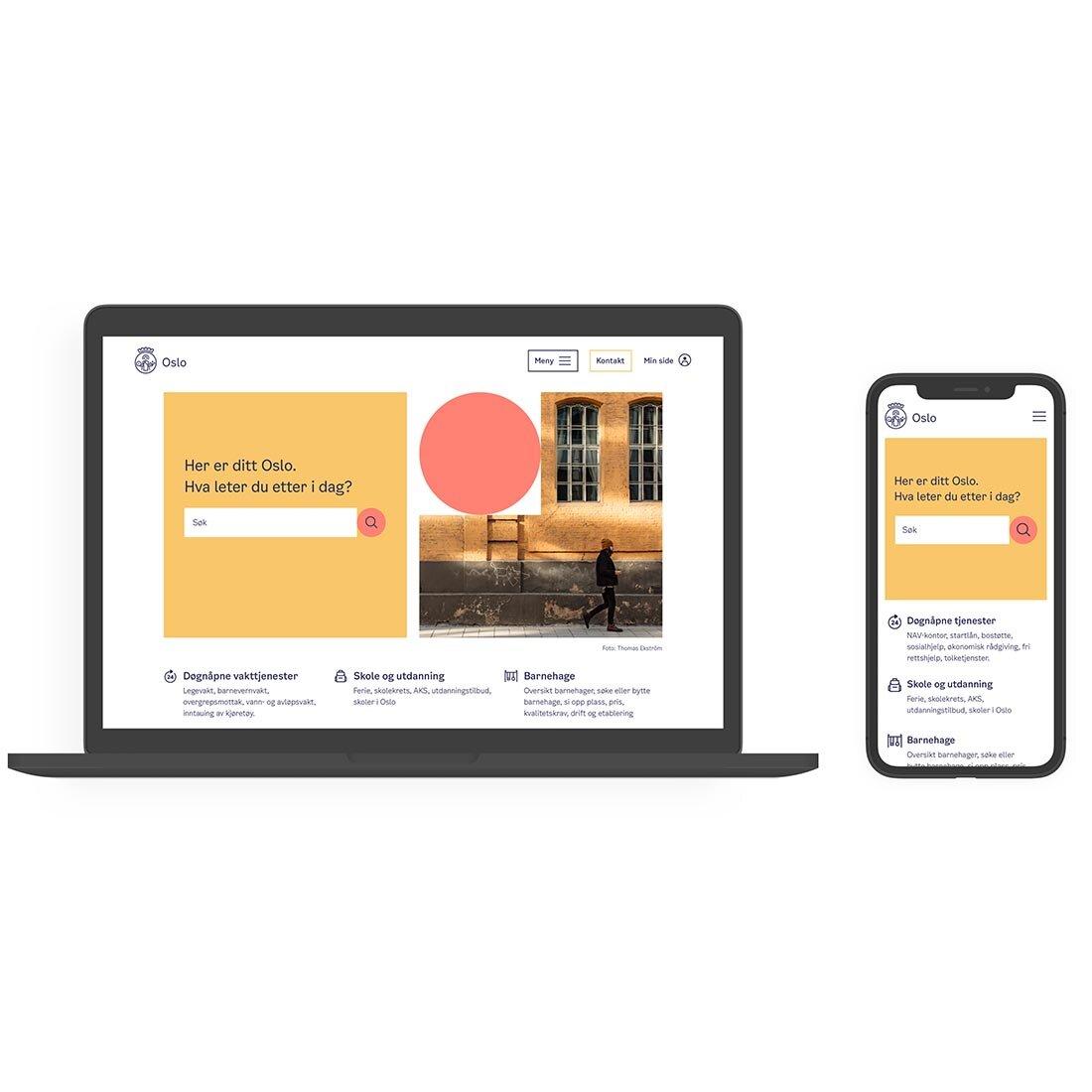 Bilder viser en laptop og en mobiltelefon som har oslo kommunes hjemmeside oppe.