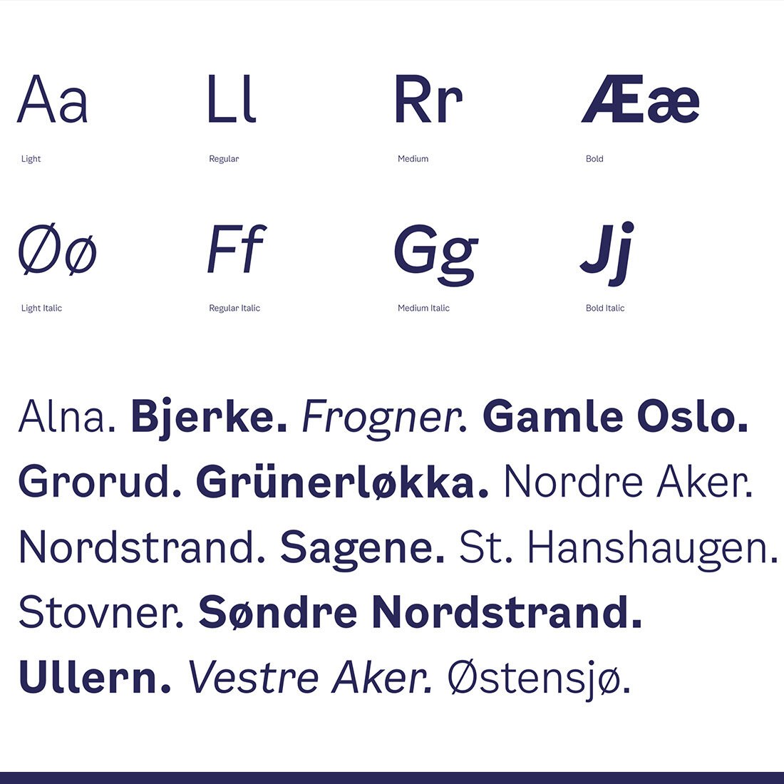 Illustrasjon av kommunens skriftsnitt i ulike varianter