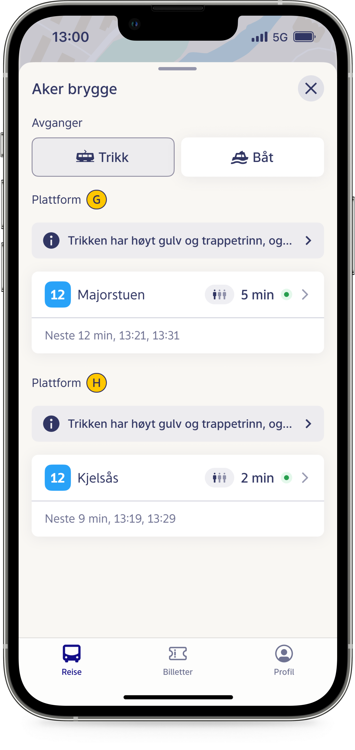 Skjermbilde av Ruter-appen som viser en liste med reiser og avganger.