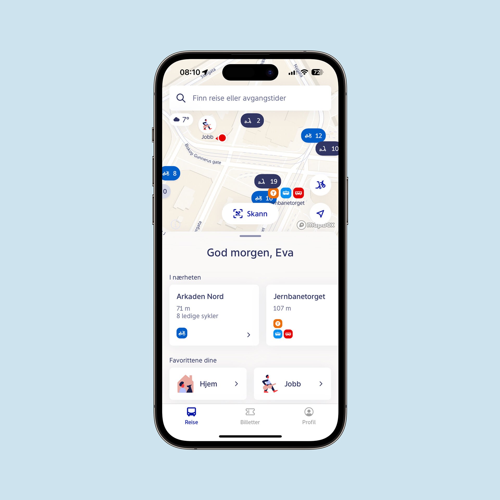 Skjermbilde av forsiden av Ruters nye app.