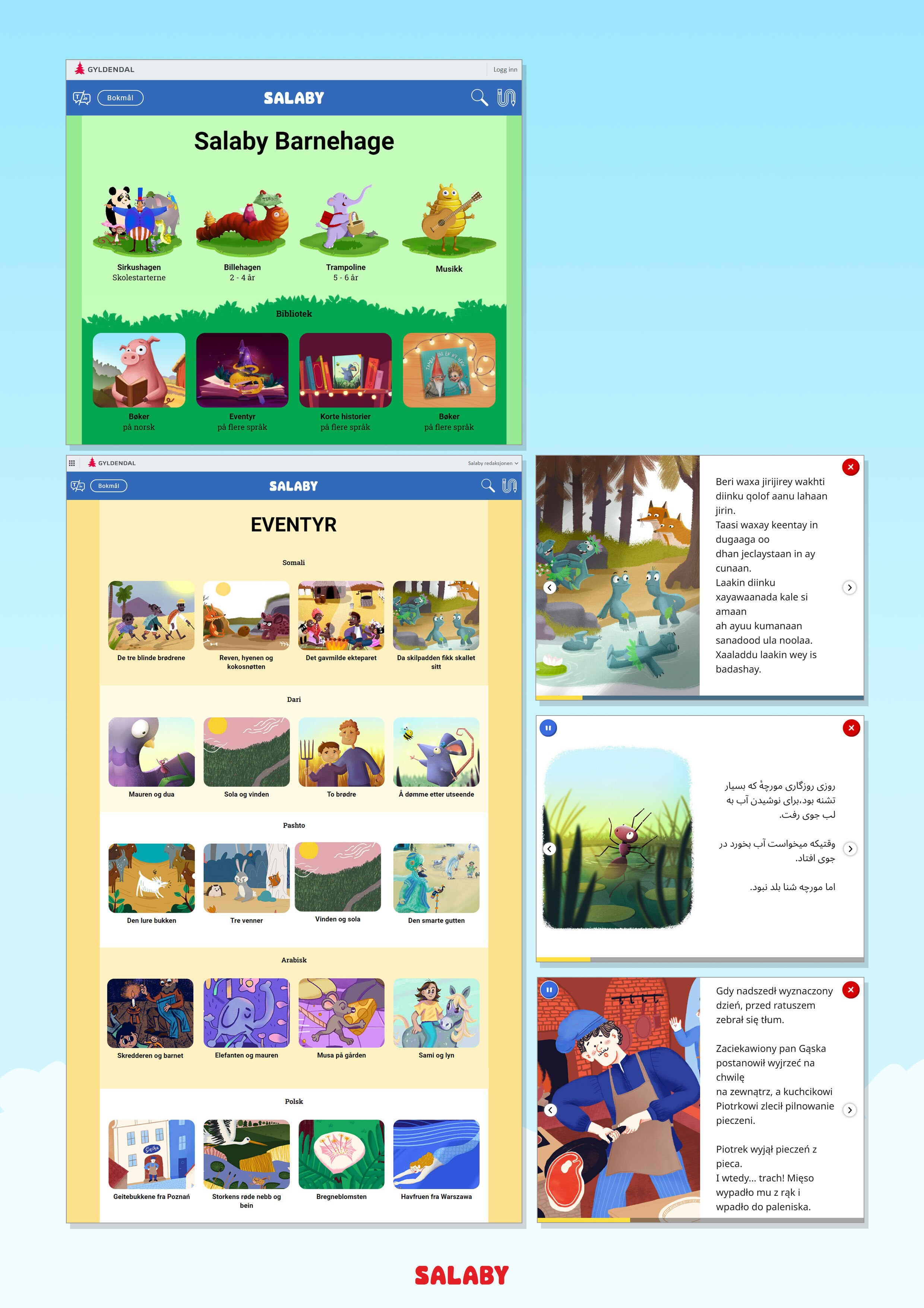 Skjermbilde av Salaby med illustrerte kort til ulike eventyr.