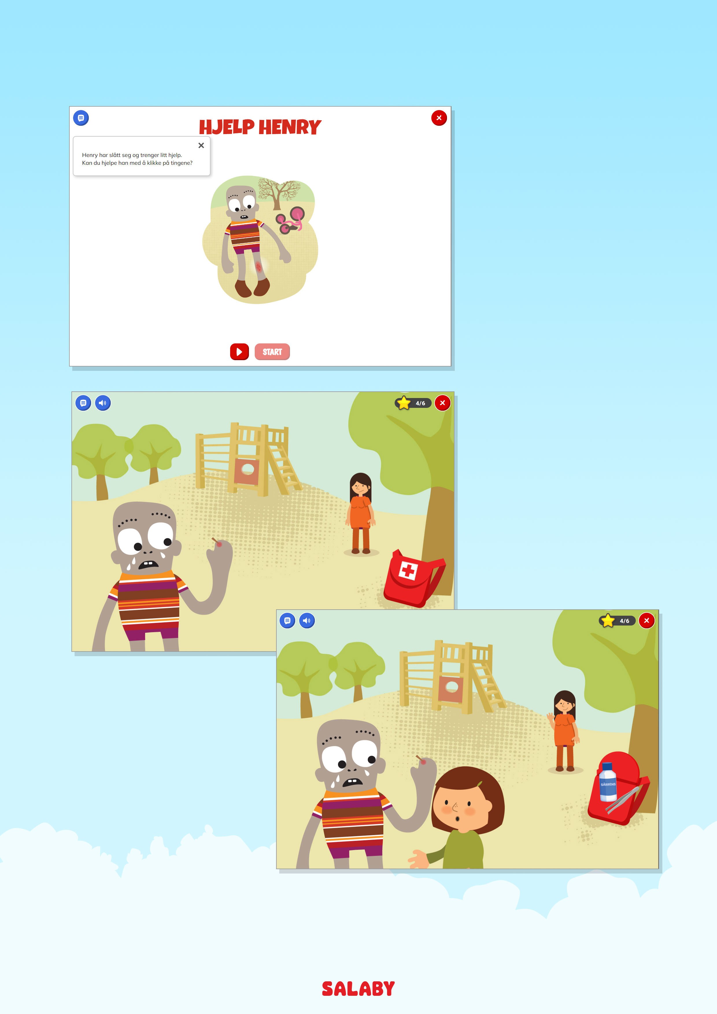 Skjermbilde fra Salaby som viser en illustrert gutt som får hjelp av en jente.