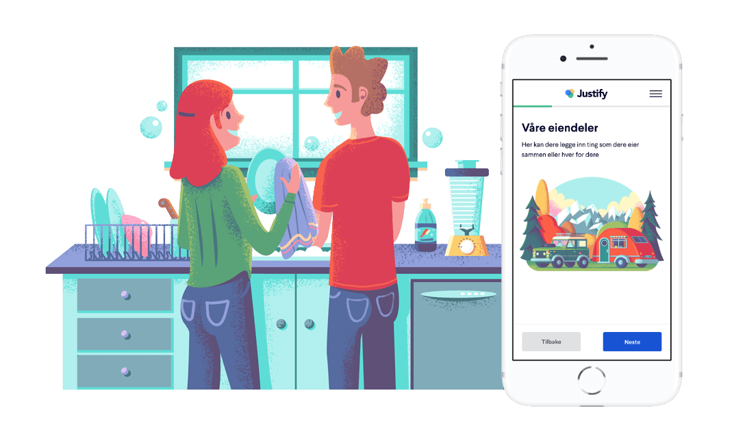 Illustrasjon av et par som står og vasker opp sammen ved siden av en telefon som viser skjermbilde fra Justify hvor en kan registrere eiendeler en eier sammen eller hver for seg.