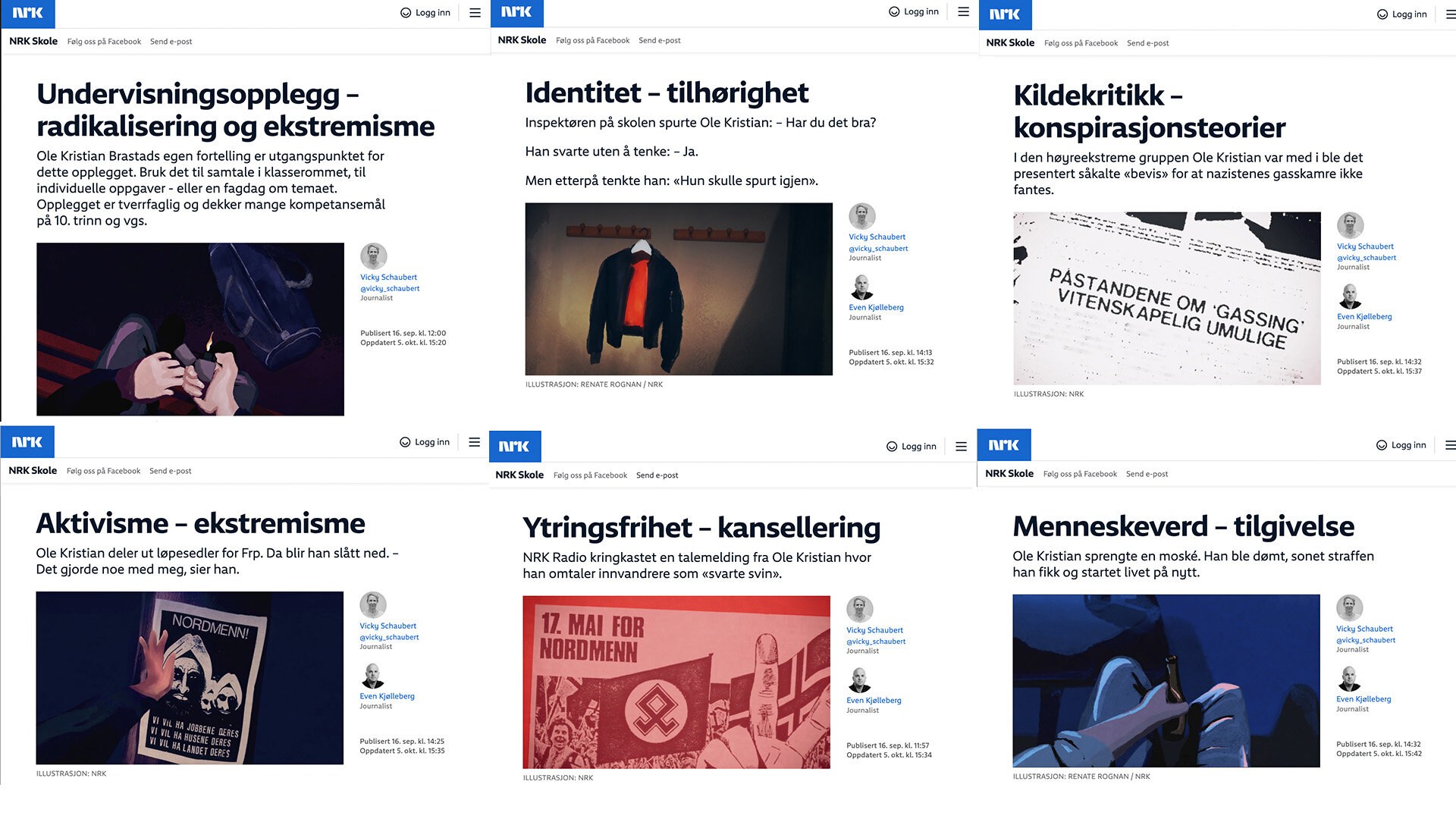 Kollasj med seks skjermbilder fra undervisningsopplegget Smellet på NRK Skole.