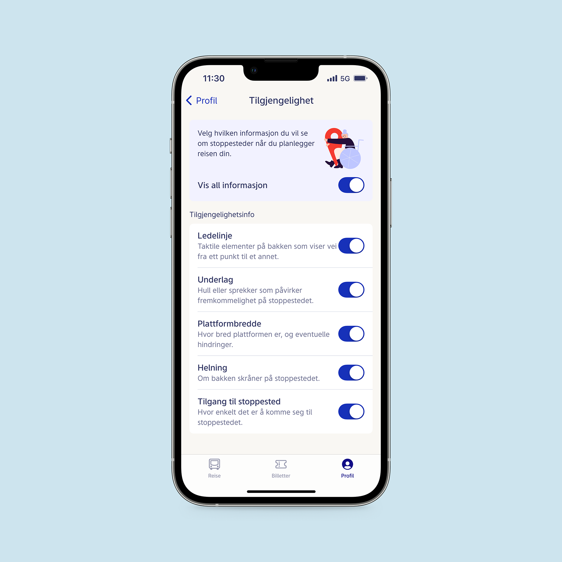 Skjermbilde av tilgjengelighetsinnstillinger i Ruter-appen.