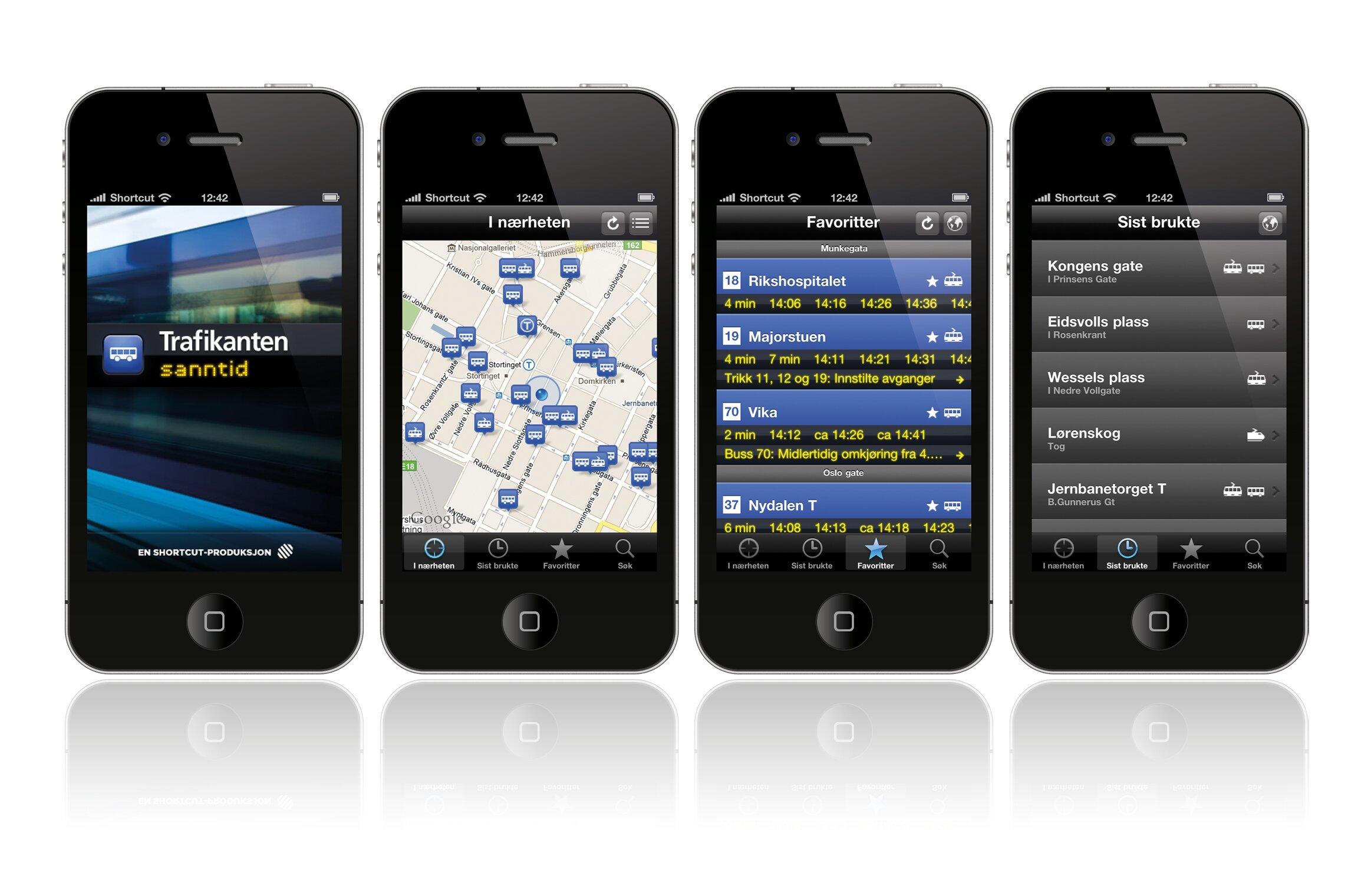 En montasje av fire skjermbilder på iphone viser funksjonalitet i appen – blant annet kart med holdeplasser og rutetider i sanntid.