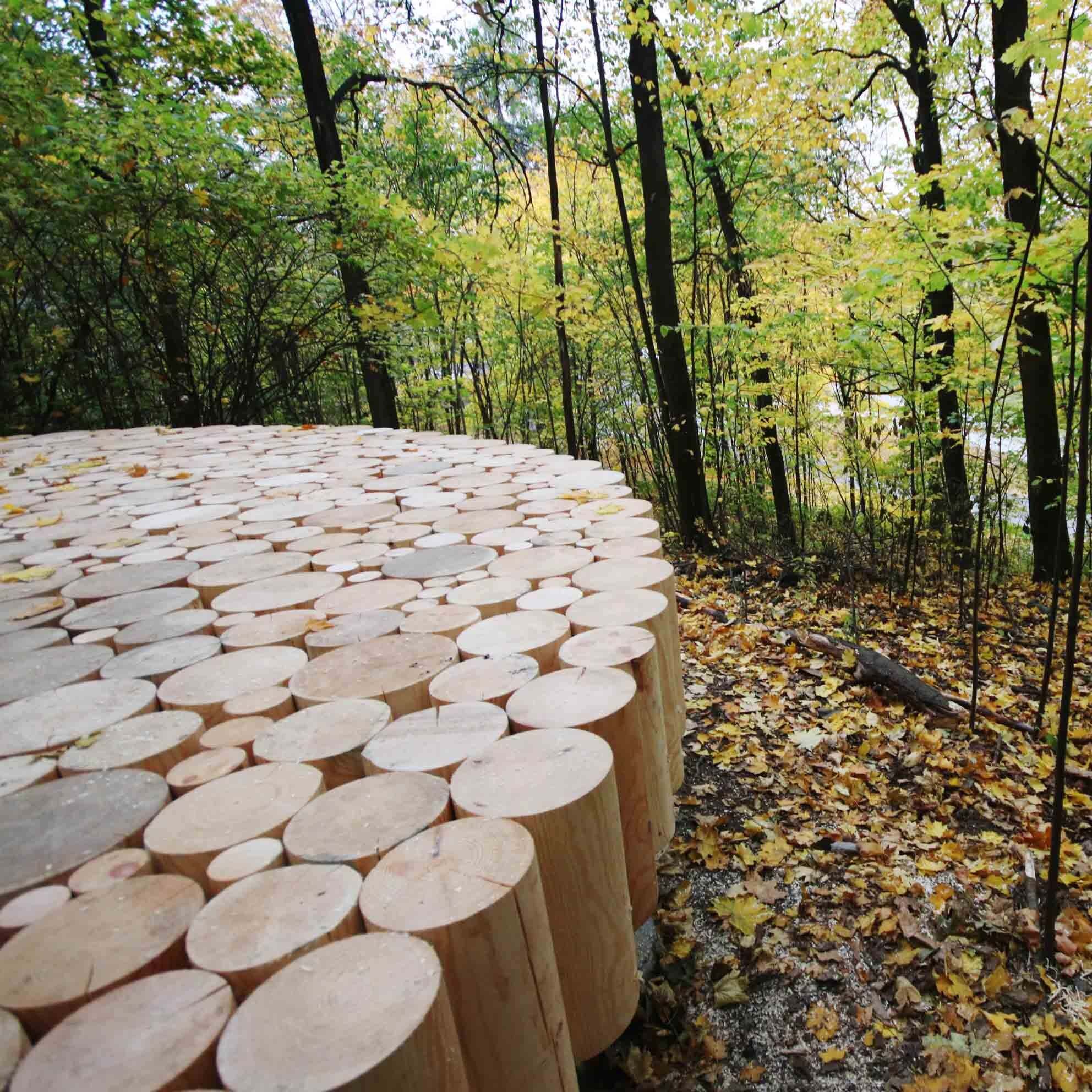 En plattform laget av stubber, plassert på bakken mellom løvtrær