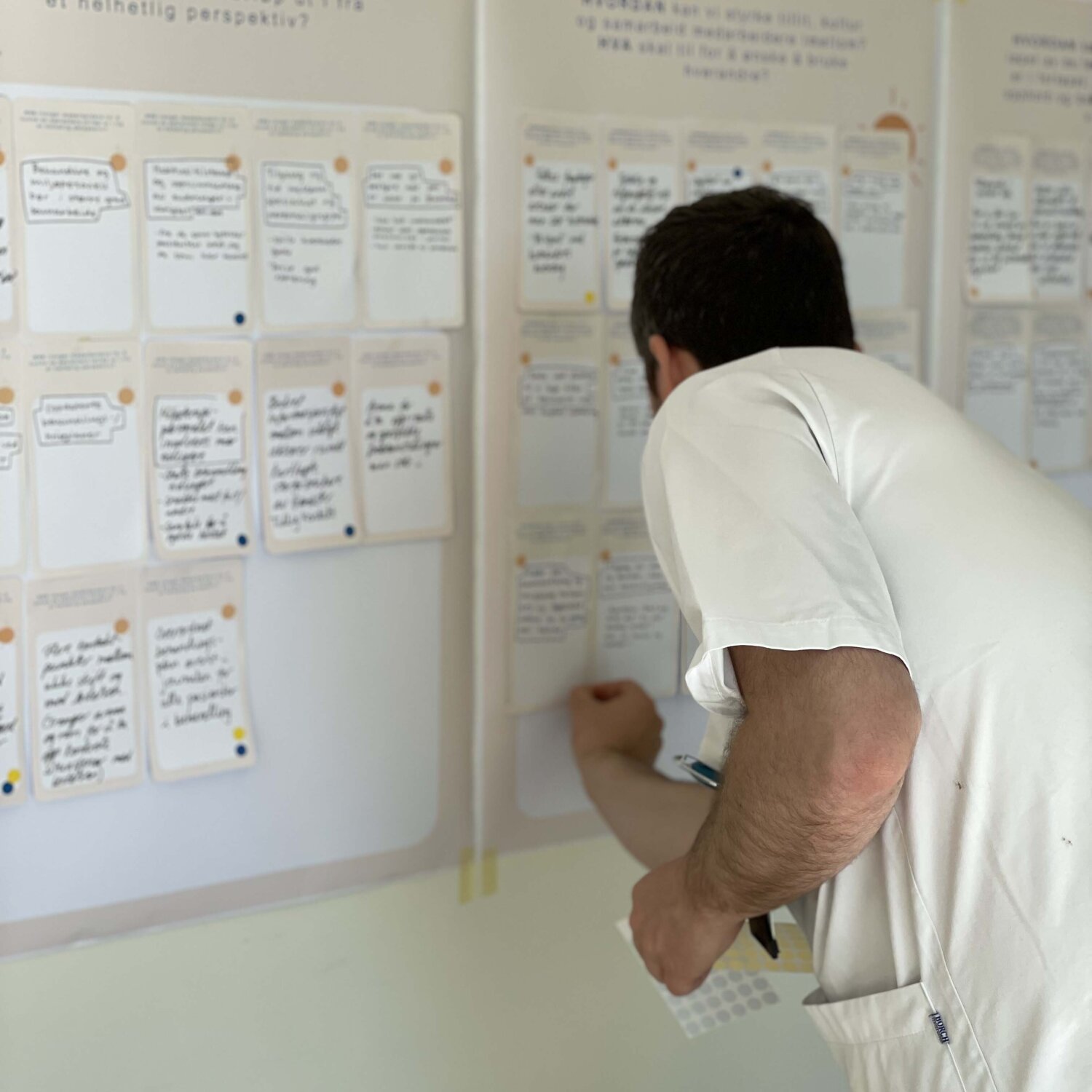 Bildet viser en mann som interagerer med en vegg full av håndskrevne notater.