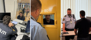 Tre fotos som viser politiet i prat med folk i ulike simulerte situasjoner.