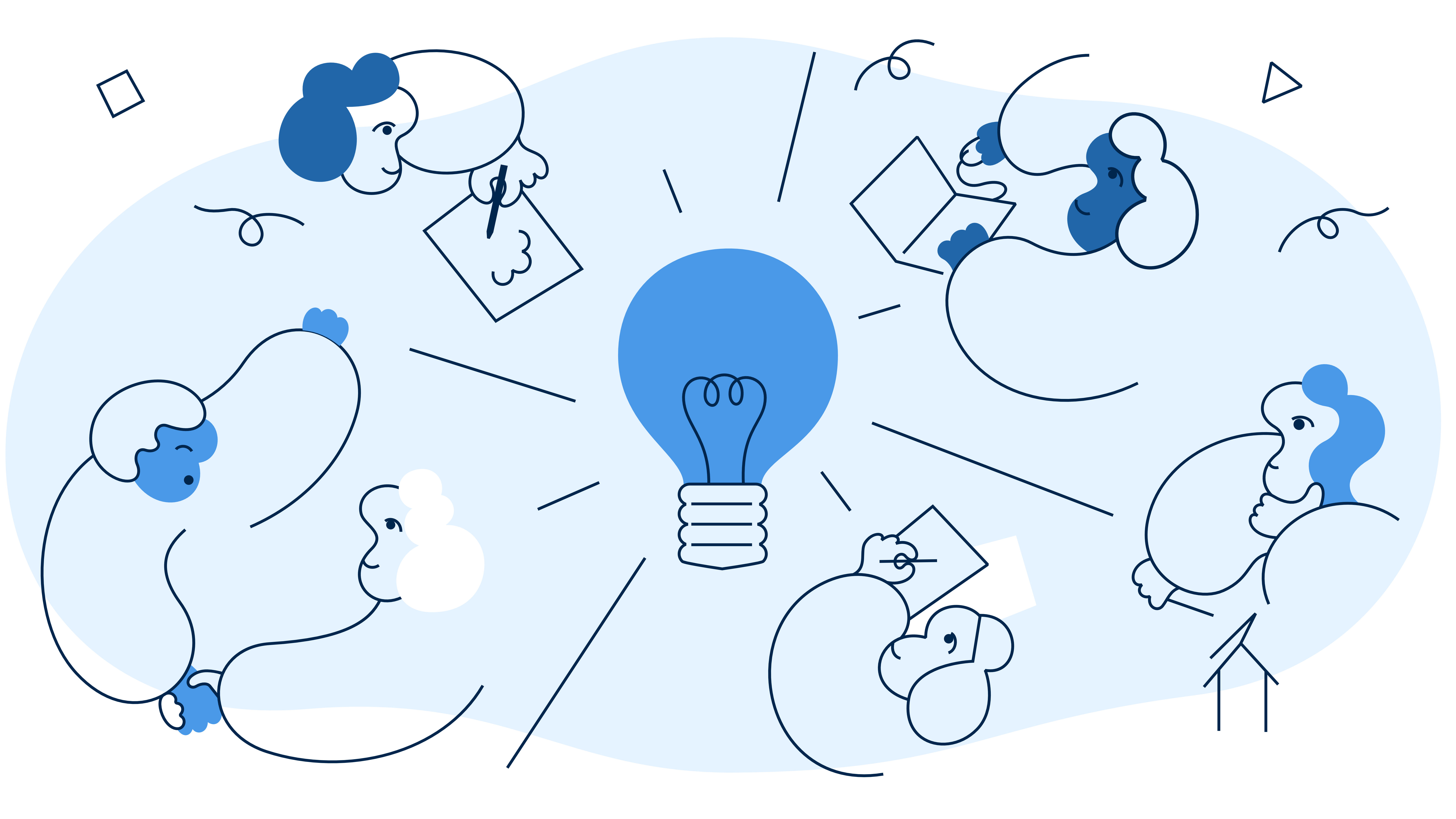 Illustrasjon av mennesker plassert i en sirkel rundt en stor lyspære som symboliserer en idé. Personene tegner, peker og tenker, og samarbeider visuelt om idéutvikling.